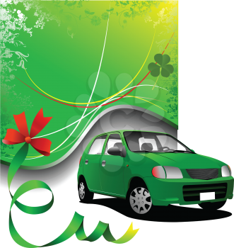 Green background and green car sedan on the road. Vector illustration