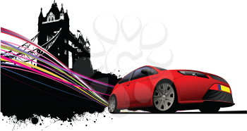 London on Tower bridge and red car coupe images. Vector illustration
