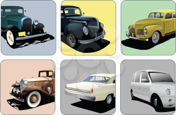 Six icons with parts of old rarity cars. Vector 3d illustration