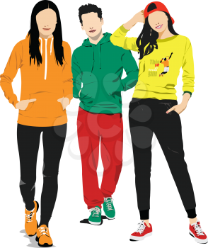 Three Young athletes  sports suit. Two girls and boy. Vector 3d illustration