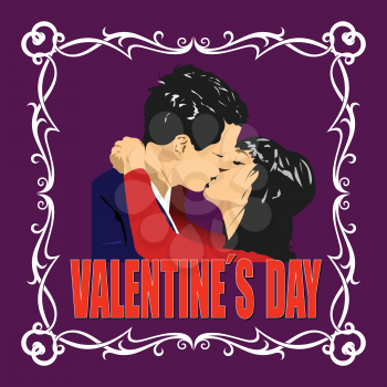 Valentines Day  with kissing couple. Vector Color 3d illustration. 