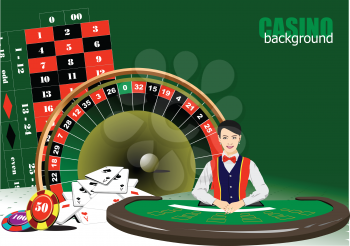 Casino elements with woman croupier image. 3d vector illustration