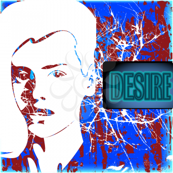 Royalty Free Clipart Image of a Grunge Background With a White Girl and the Word Desire