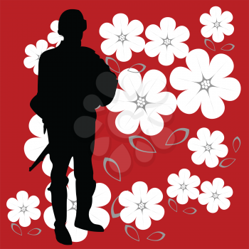 Royalty Free Clipart Image of a Soldier Silhouette on a Bright Red Background With White Flowers