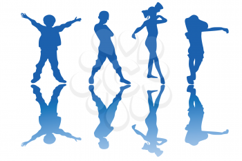 Royalty Free Clipart Image of a Happy Children in Blue Silhouette