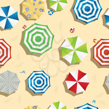 A beach background seamless pattern with color umbrellas, slippers and toys.