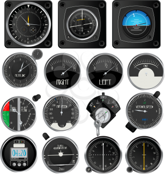 Aircraft instruments, isolated and grouped objects on white