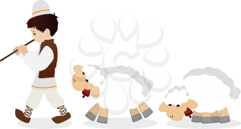 Little shepherd in traditional clothes plying flute and his flock of sheep, isolated objects over white background.