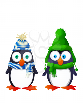 Penguins dressed for winter over white, vector illustration
