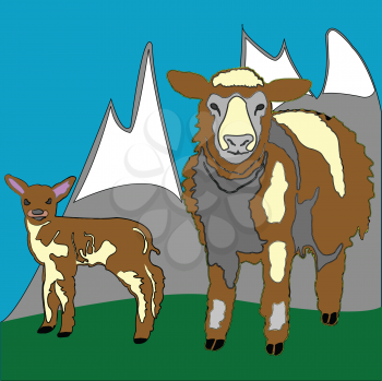 Royalty Free Clipart Image of Sheep and Mountains