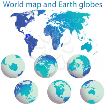 world map and earth globes against white background, abstract vector art illustration