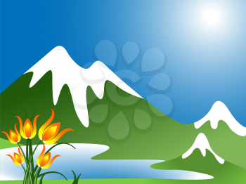 mountain landscape with lake and flowers, abstract vector art illustration