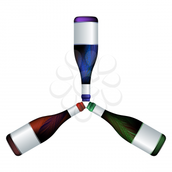 wine bottles trio, abstract composition; vector art illustration