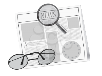 newspaper, magnifying glass  and glasses, abstract vector art illustration; image contains transparency