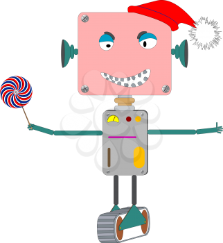 ugly robot laughing, with wind mill toy; abstract vector art illustration