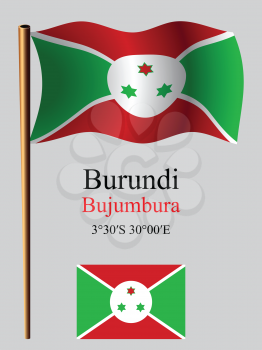 burundi wavy flag and coordinates against gray background, vector art illustration, image contains transparency