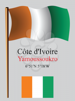 cote d'ivoire wavy flag and coordinates against gray background, vector art illustration, image contains transparency
