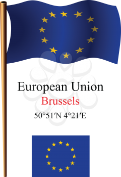 european union wavy flag and coordinates against white background, vector art illustration, image contains transparency