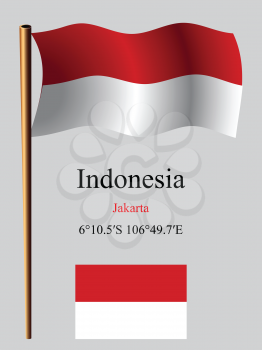 indonesia wavy flag and coordinates against gray background, vector art illustration, image contains transparency