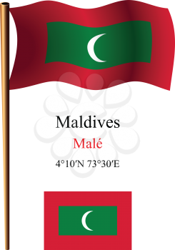 maldives wavy flag and coordinates against white background, vector art illustration, image contains transparency