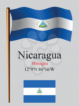nicaragua wavy flag and coordinates against gray background, vector art illustration, image contains transparency
