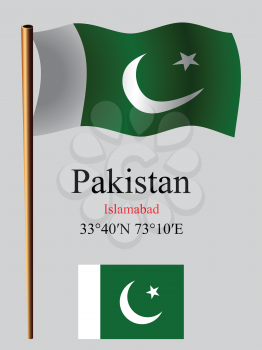 pakistan wavy flag and coordinates against gray background, vector art illustration, image contains transparency