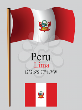peru wavy flag and coordinates against gray background, vector art illustration, image contains transparency