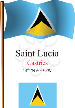 saint lucia wavy flag and coordinates against white background, vector art illustration, image contains transparency