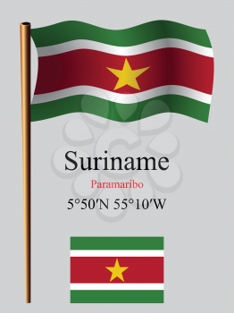 suriname wavy flag and coordinates against gray background, vector art illustration, image contains transparency