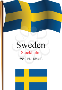 sweden wavy flag and coordinates against white background, vector art illustration, image contains transparency