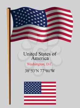 united states of america wavy flag and coordinates against gray background, vector art illustration, image contains transparency
