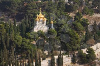 Golden domes of the Church of Mary Magdalene and cypresses. Mount of Olives, Jerusalem
