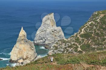 Picturesque, the freakish form of a rock on the bank of Atlantic ocean. Coast of Portugal, cape Kabo-da-Roca
