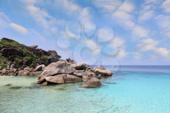 Scenic cliffs and clear azure water. The most beautiful beach in the picturesque Similan Islands. 