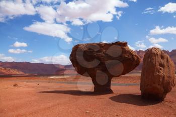 Grandiose panorama - stone desert from red sandstone and the well-known rock in the form of a mushroom. Windy solar autumn day