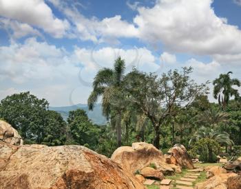 A masterpiece of landscape design - a huge and beautiful park in Thailand. Palm trees, boulders and path, paved with tiles