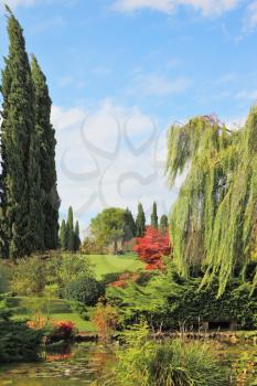 Quiet picturesque pond surrounded by a bright colored shrubs and trees.  Gorgeous European park