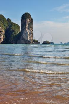 Peninsula Krabi coast in Thailand after the big flooding. Picturesque rocks on a beach