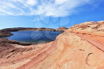 The blue water in the desert rock. Bottling magnificent Lake Powell photographed by Fisheye lens