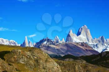 Argentine Patagonia. The famous rocky mountain Fitzroy against the blue sky
