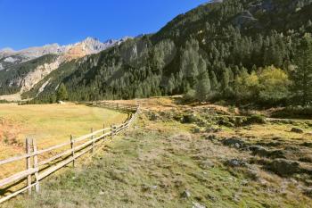 Alpine Valley in Austria. National Park Krimml waterfalls. Scenic farm fields blocked by the wooden fence. Steep mountain slopes overgrown with coniferous forests