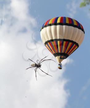 Scenic hot air balloon in free flight and a big spider. Sunny April day in the south