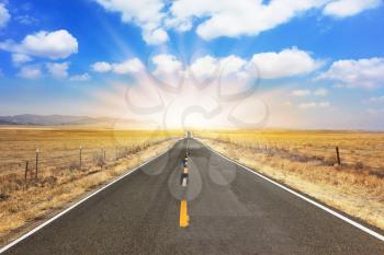 The bright sun illuminates the ideal road. The magnificent equal highway through boundless to the desert
