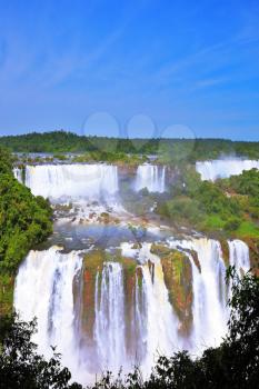 Multi-tiered cascades of water roar of lush jungle. The grand Iguazu Falls on the Brazilian side