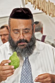JERUSALEM, ISRAEL - SEPTEMBER 18, 2013: Traditional market before the holiday of Sukkot. Religious man - Jew with black beard and black skullcap chooses ritual citrus - etrog