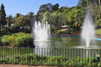 The magnificent city park in Funchal. Picturesque lake with islands and fountains