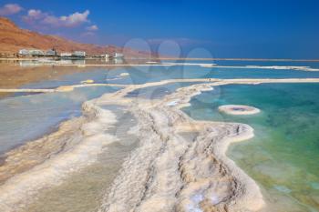  Israel in October. The patterns evaporated salt in the Dead Sea. Salt formed a long track with scalloped edges.