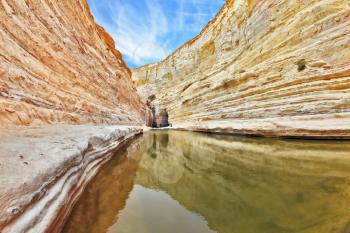 Unique canyon in Israel - En Avdat. Striped sandstone walls and cold stream. In the water reflected the canyon walls and sky