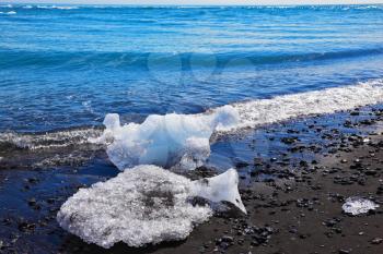 The Arctic Ocean. Floes ice shine in the sun on the beach with black sand