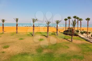 Medical beach luxury hotel at the Dead Sea in Israel. Sunny spring day